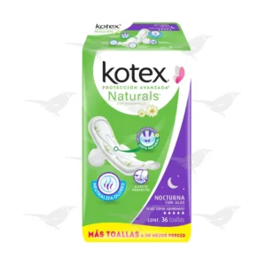 Toallas Femeninas Kotex Naturals Nocturna con Alas Flujo Súper Abundante 36 piezas
