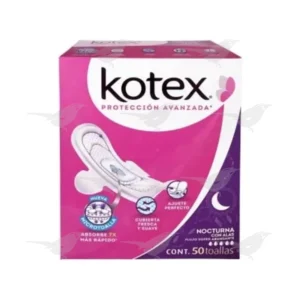 Toallas Femeninas Kotex Nocturna Extra Largas con Alas Flujo Súper Abundante 50 piezas